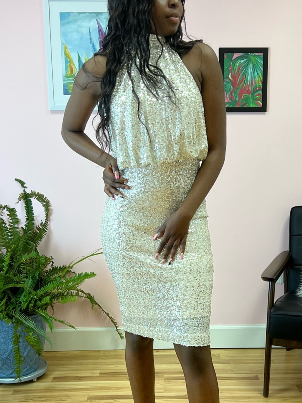 Silver and White Sequin Halter Cocktail Party Dress in Flattering Stretch Fabric